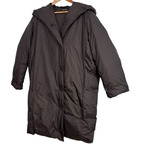 Eileen Fisher Down Puffer Coat Black Sz L Shawl Collar Hood Button Up Jacket - Picture 2 of 7